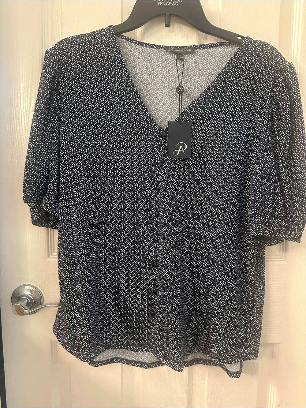 Adrianna Papell Navy/ White V-Neck Button Front Dot Blouse - Picture 4 of 4